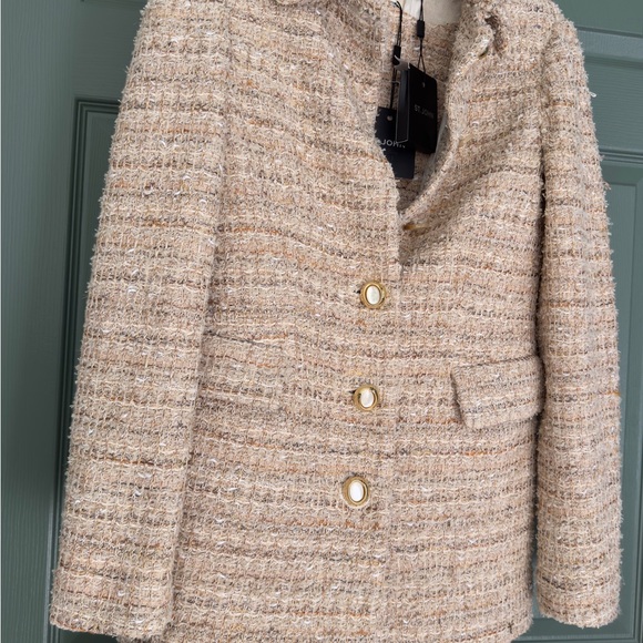 NEW ST. JOHN NUBBY BOUCLE SLEEVELESS DRESS & JACKET SUIT SET 4 8 NEUTRAL TAN NWT - Picture 3 of 13